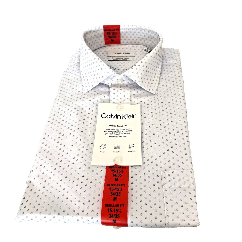 NWT Calvin Klein Dress Shirt Wrinkle Free Stretch M 15-15.5 34/35 White Blue